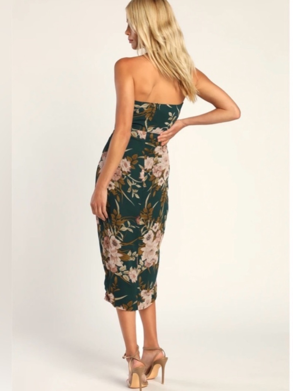 Lulus Effortless Charm Hunter Green Floral Strapless Midi Dress NWT - Picture 2 of 2